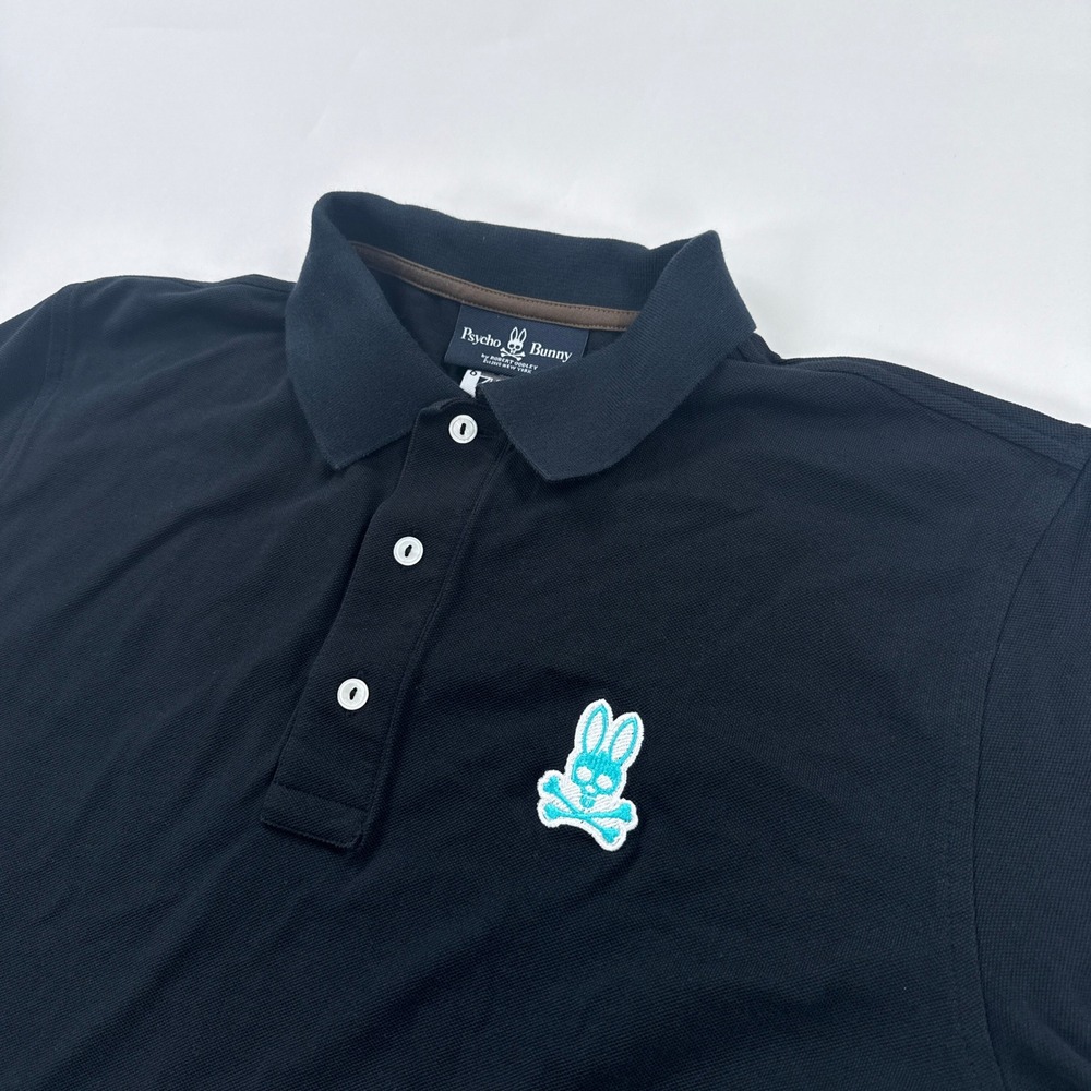 Psycho Bunny Polo Shirt Mens Large 6 Black Long Sleeve Pima Cotton Striped Cuff